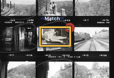 One small frame on a black-and-white contact sheet, flagged as a match.