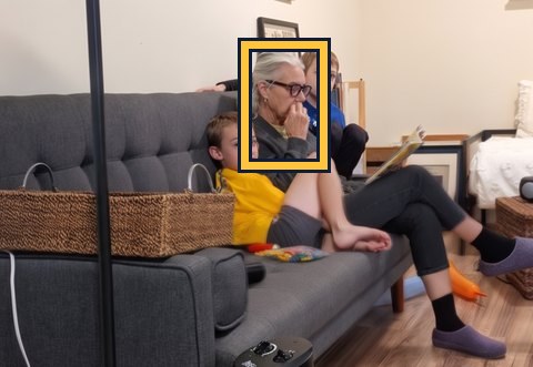 Older woman on a sofa with her hand over her face, outlined in gold.