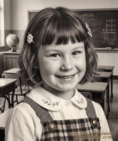 Black-and-white school portrait of a young girl, facing the camera in even light.