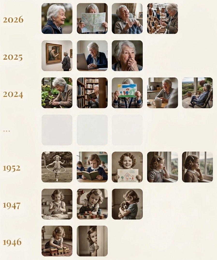Every photo of one woman found from a single query photo, grouped by year: as a young girl in 1946, 1947 and 1952, and in her later years from 2024 to 2026.